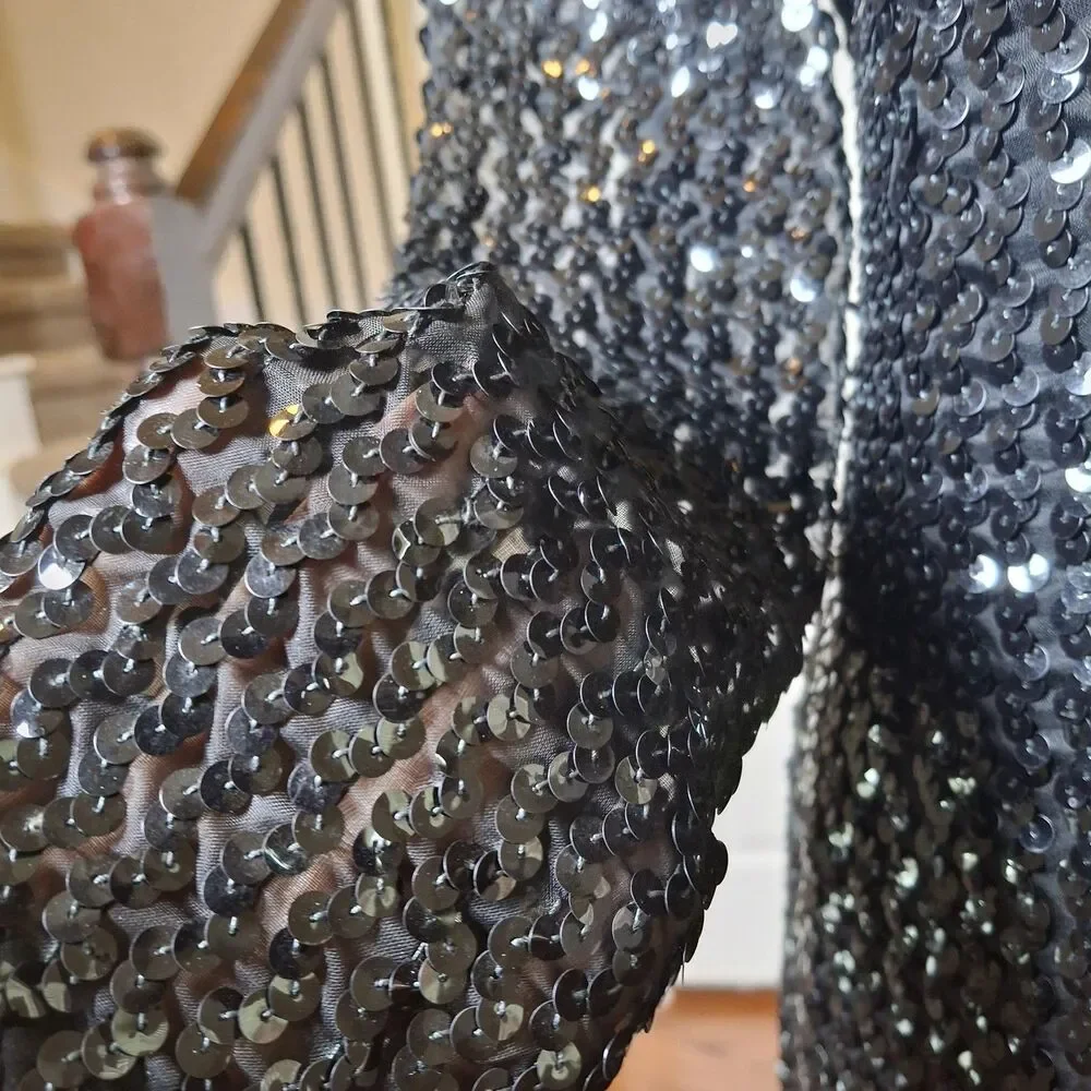 Vintage Union 70s Black Sequin Evening Gown US12 Hollywood Red Carpet Black Tie